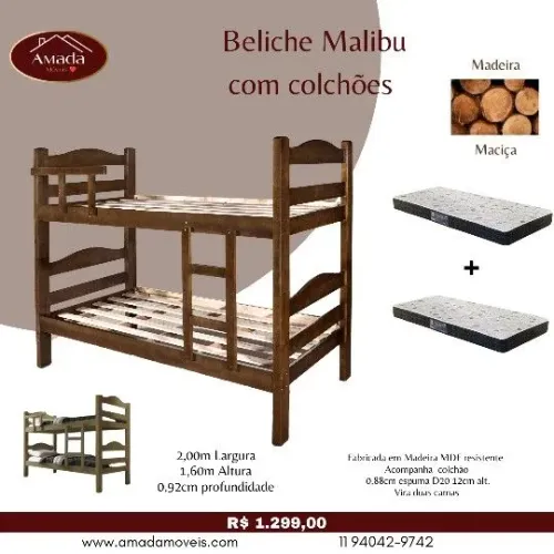 Beliche madeira maciça Malibu com 2 colchões , à pronta entrega
