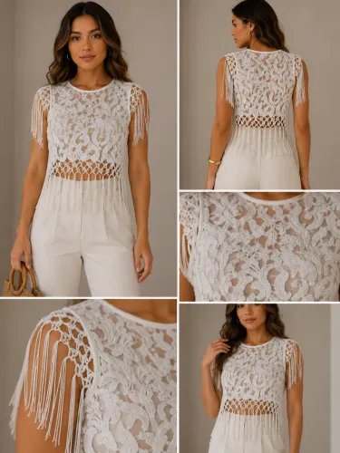 Bazar | Blusa Branca de Renda com Franjas