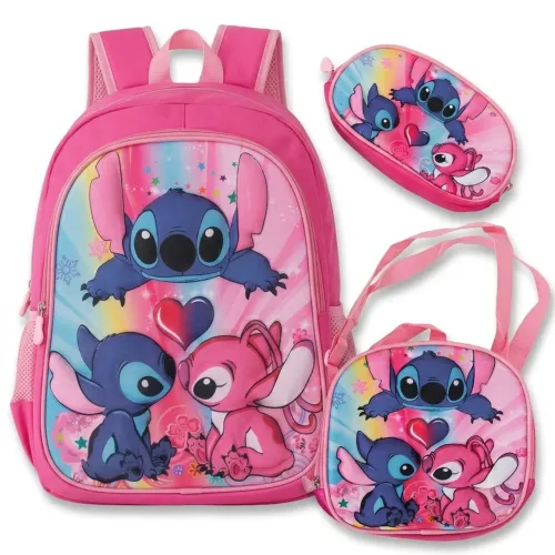 Lindo Kit Mochila Menina Stitch Rosa (Mochila + Lancheira + Estojo)
