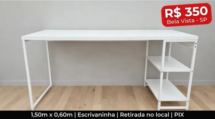 Escrivaninha Branca 1,50m Industrial com Prateleiras - Bela Vista - R$ 350