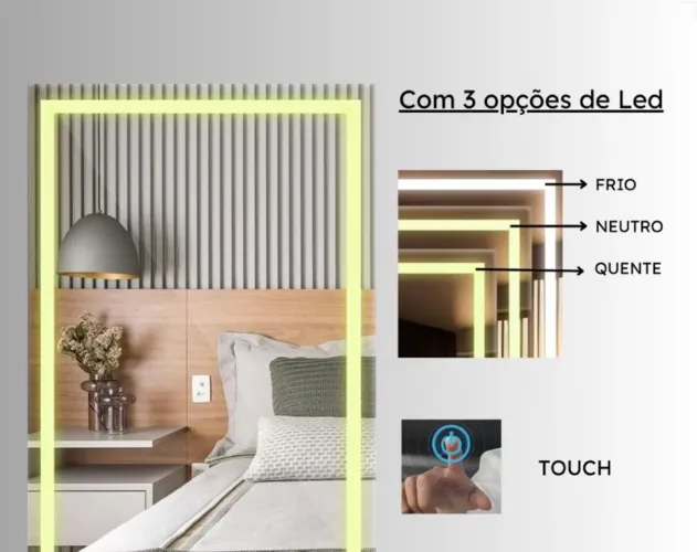 Espelho Retangular 70x50 Touch Screen Jateado Com Led 3 Cores Moderno Luxo