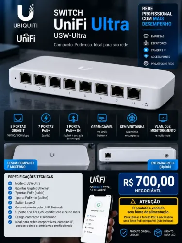 Switch Ubiquiti UniFi USW-Ultra 8 Portas Gigabit PoE+