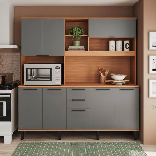 Armário de Cozinha Kit Compacto Castanha 8 Portas 2 Gavetas Cinza/Freijó - Telasul<br>