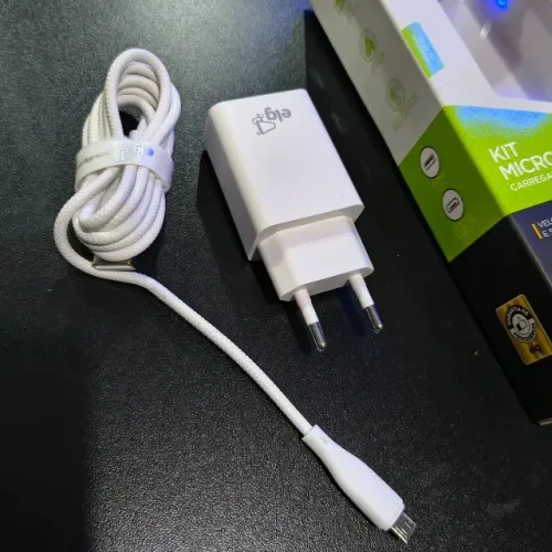 Carregador para celular 5v + cabo micro usb, cabo trançado reforçado original elg