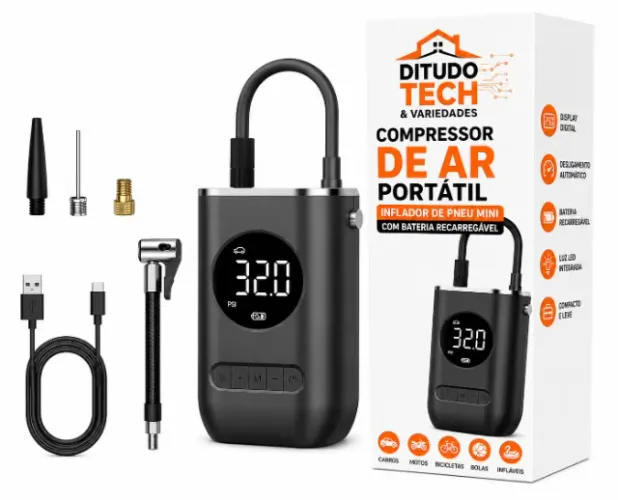 Compressor de Ar Portátil Com Inflador de Pneu Mini Recarregável - Novo