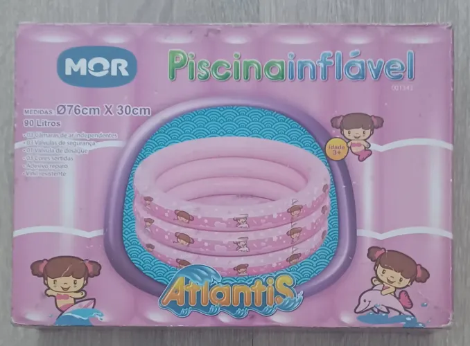 Piscina inflável infantil 90 litros. Idade 3+. Medidas: 76cm diâmetro X 30cm altura.