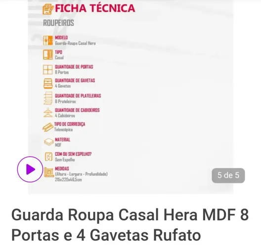 Guarda Roupa Casal Hera MDF 8 Portas e 4 Gavetas Rufato