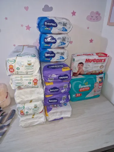 Lote 14 Pacotes Fraldas P e M (Babysec, Pampers, Huggies e Personal)
