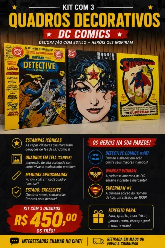 ? Kit com 3 Quadros Decorativos DC Comics - heróis 