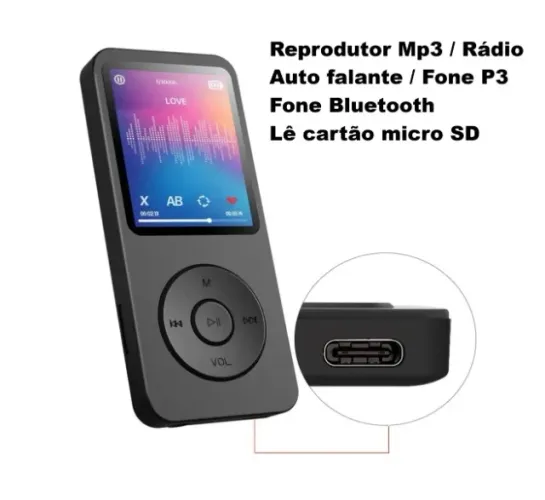 Reprodutor Mp3 com rádio FM e Bluetooth - Tela e Tipo C