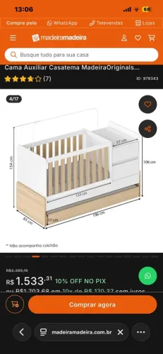 Berço com cama auxiliar e cômoda. Vira cama de solteiro.