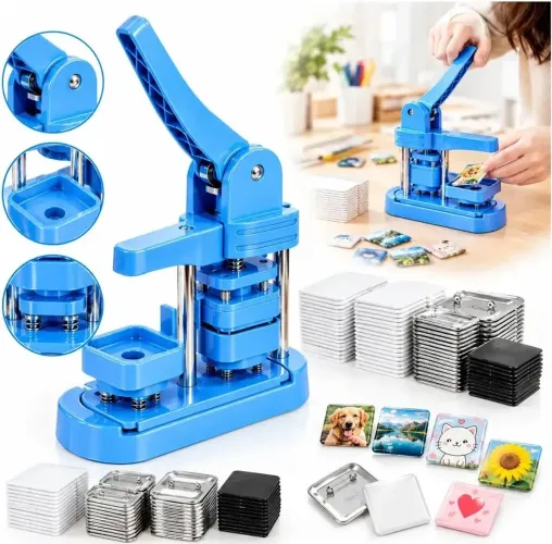 Kit Máquina De Fazer Botton Quadrada Azul 50mm