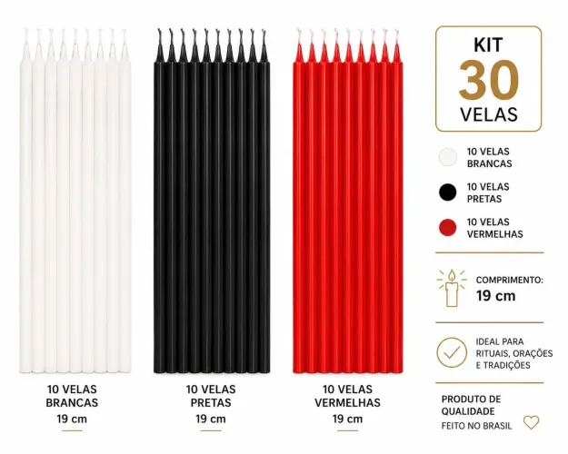 Kit 30 velas palito 19 cm sendo 10 brancas 10 vermelhas 10 pretas 