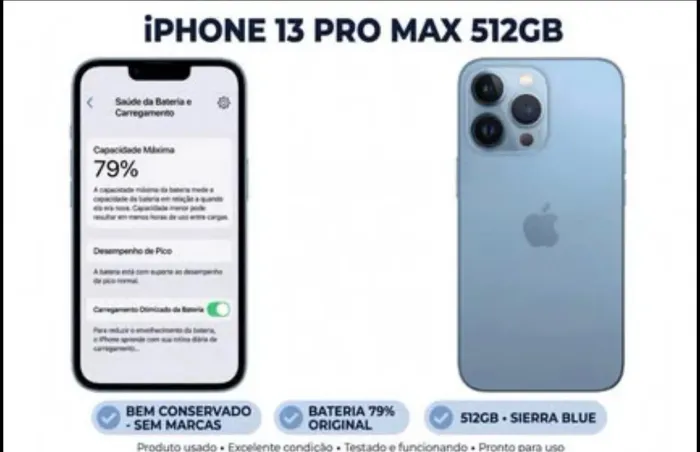 iPhone 13 Pro Max 512GB - Sem Marcas - Bateria 79% Original.