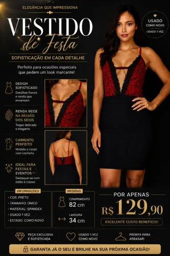 Vestido de festa, com detalhes floridos.