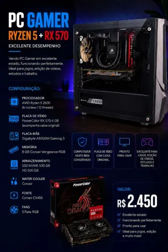 PC Gamer Ryzen 5 + RX 570 PowerColor | Excelente desempenho - R$ 2.400