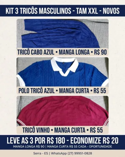 Kit 3 Tricôs XXL - Manga Longa R$ 90 / Manga Curta R$ 55 - Leve 3 por R$ 180