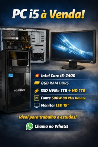 PC i5, 8gb ram, ssd nvme 128gb, hd 1tb, fonte 500w 80 plus, monitor led 19"