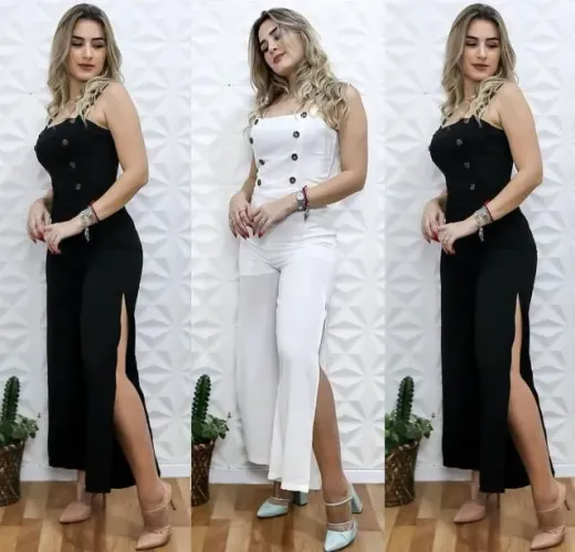 Macacão crepe pantcourt alçinha com bojo, forro, botões e fenda feminino