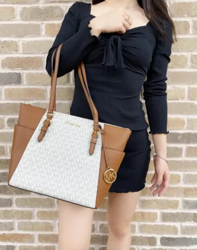 Michael Kors - Charlotte Large Logo and Leather Top-Zip Tote Bag (Vanilla)