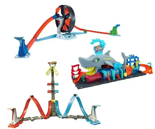 Kit de 3 pistas pistas Hot Wheels - Lava Rápido Tubarão + Giratória + Desafio de Altura