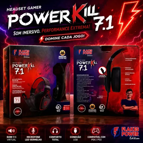  HEADSET GAMER FLAKES POWER POWERKILL 7.1 - SOM IMERSIVO E MÁXIMA PERFORMANCE! (Lacrado!)