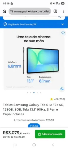 Tablet Samsung Galaxy Tab S10 FE+ 5G, 128GB, 8GB, Tela 13.1" 90Hz, S Pen e Capa Inclusas