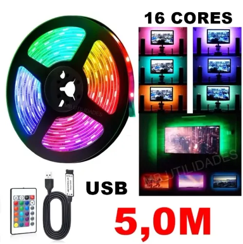 Fita Led 5050 Rgb 5v Usb 5 Metros Com Controle P/ Tv Pc Ip65