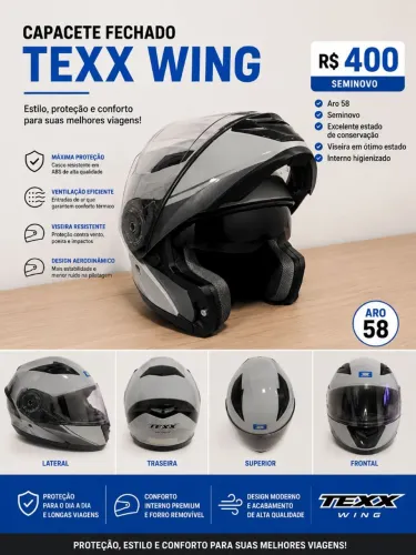 Capacete TEXX Wing Cinza - Tamanho 58 - Seminovo