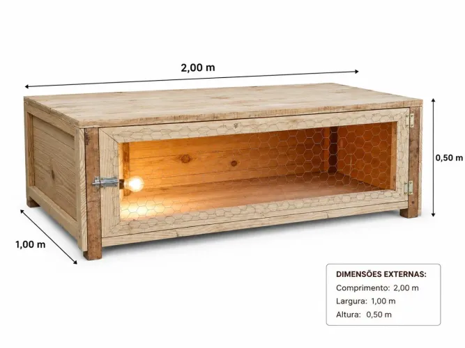 Pinteiro para 210 pintinhos 2m (C) x 1m (L) x 50cm (A).<br>P