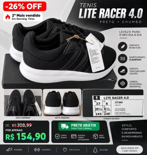Tênis Adidas Lite Racer 4.0 Masculino Preto 37 - Novo com Caixa