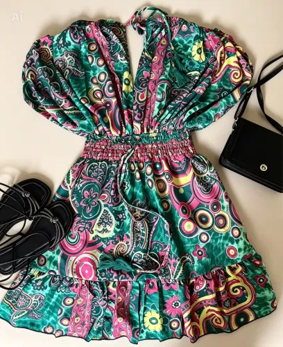 Vestido Curto Feminino Amalfi | Manga Bufante, Cintura Ajustável e Estampa Exclusiva