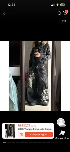 Calça Jeans Baggy Vintage com Impressão de Cruz Gótica