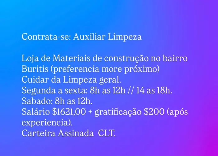Vaga Auxiliar Limpeza