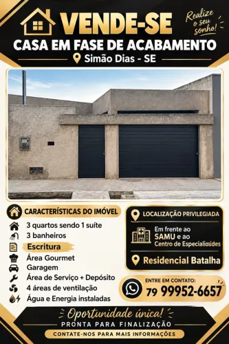 Vendo Casa em fase de acabamento no centro de Simão Dias
