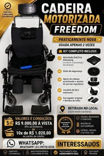 Cadeira de rodas motorizada Freedom, impecável e usada apenas 2 vezes
