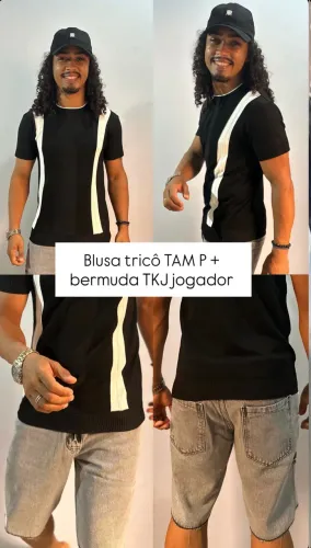 Boné black TKJ + camisa tricô + bermuda jeans TKJ