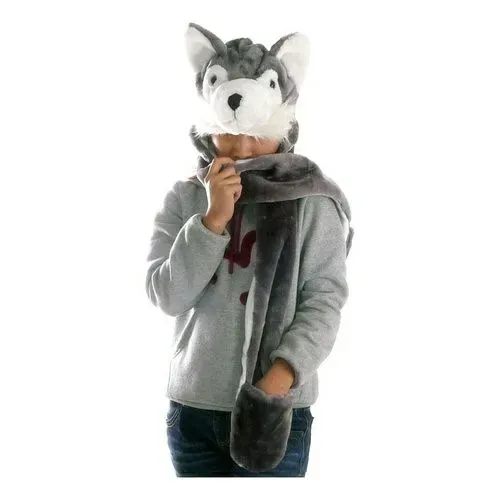 Touca cachecol e luva de lobo fofa infantil