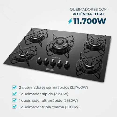 Cooktop a Gás, 5 Bocas, Mondial Bivolt - CTG-03