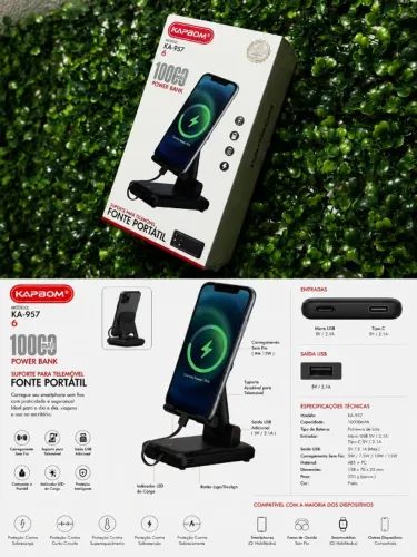 ? Power Bank Kapbom KA-957 10.000mAh com Carregamento Sem Fio e Suporte para Celular ?