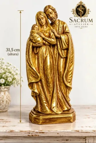 Sagrada família entalhada 31cm dourada em gesso