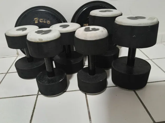 Halteres e anilhas com barra