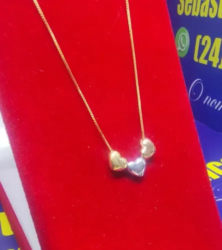 Pulseira Coração 3 Cores Ouro 18 Kilates Peso 1.42 Gramas 20 Cm Coração 5 mm Fio 0.50 mm  