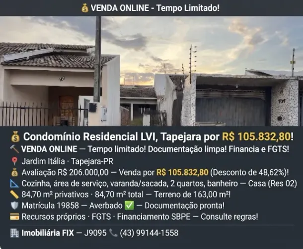? Condomínio Residencial LVI, Tapejara por R$ 105.832,80!