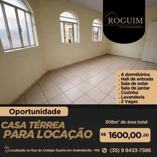MG Casa para locação no centro, 4 dormitórios e 2 vagas, px ao Colégio Guairá