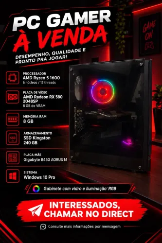 ? PC Gamer Ryzen 5 1600 + RX 580 8GB + 8GB RAM | Completo e Funcionando