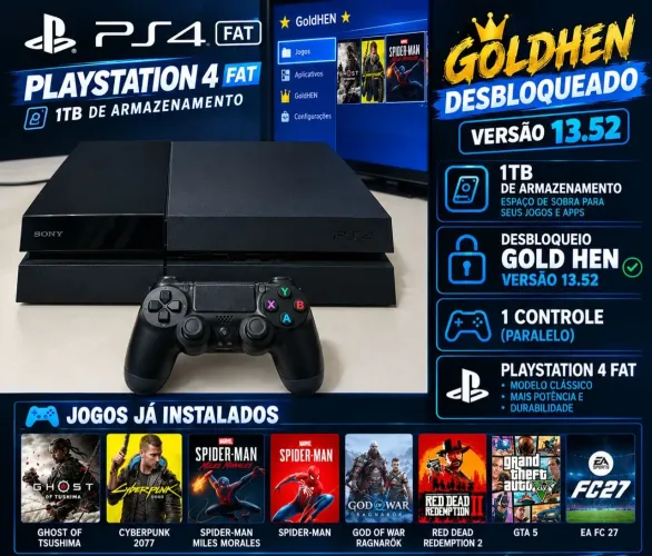 PS4 1TB Desbloqueado C/Jogos e Controle Playstatyon 4 Goldhen 13.52