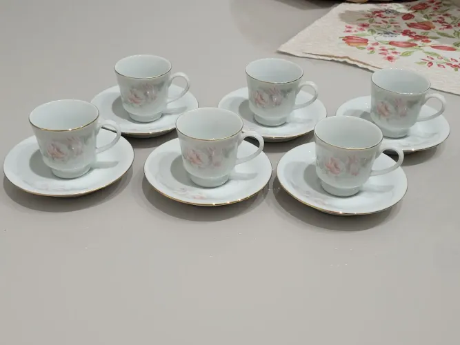 Jogo de xícaras de café com pires porcelana Schmidt pintura rosas fio de ouro