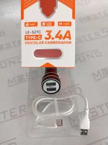 Kit carregador veicular. Com 2 usb, cabo tipo c. Novo.