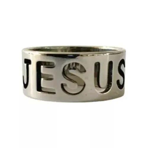 Anel Prateado Escrito Jesus Em Aço Inox
